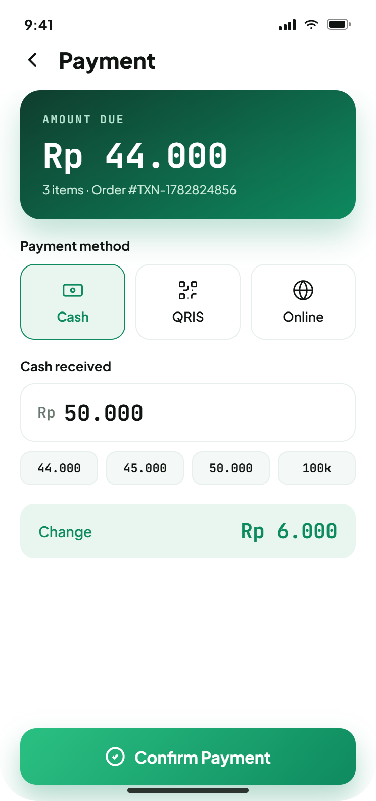 Payment screen